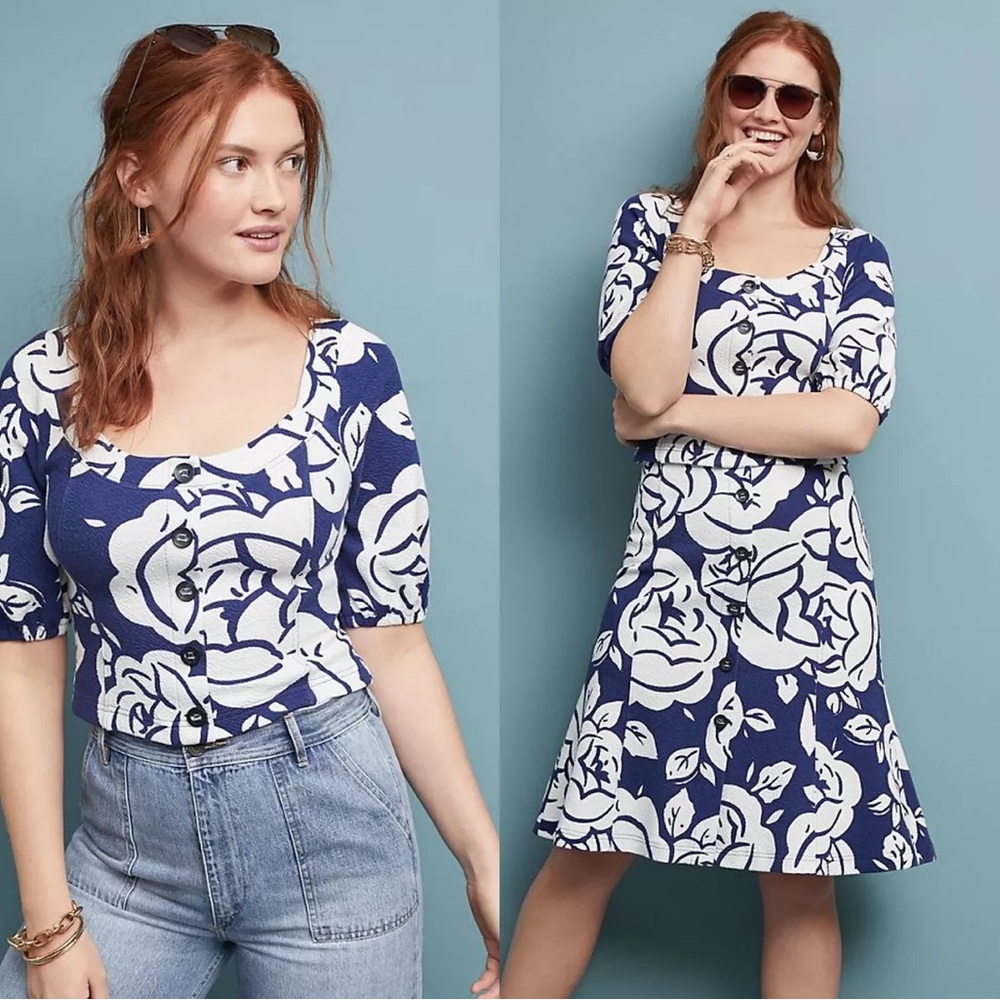 Anthropologie Maeve Amiens Blue & White Floral Puffed Sleeve Cropped Blouse
